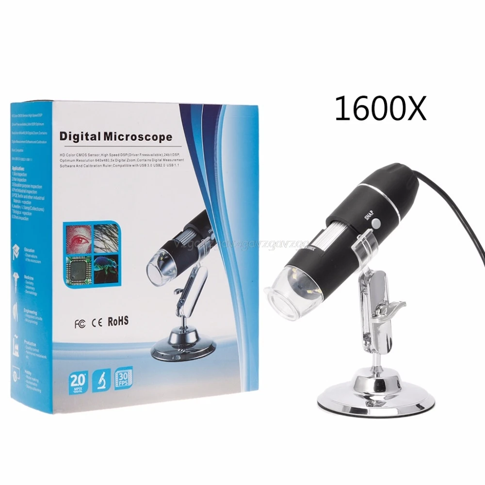 

1600X USB Digital Microscope Camera Endoscope 8LED Magnifier with Metal Stand J21 19 Dropship