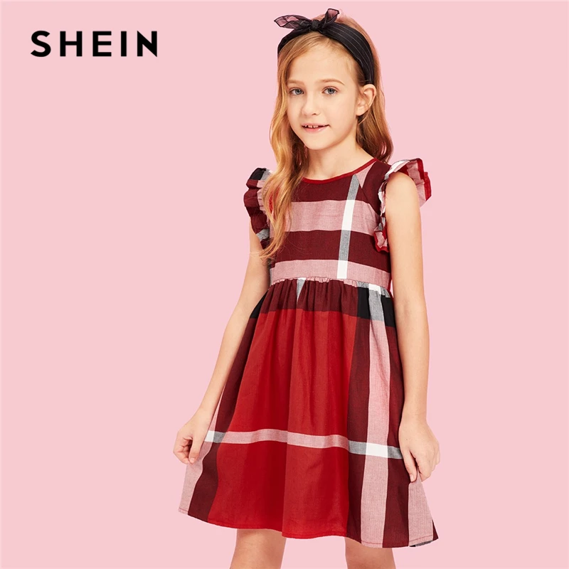 

SHEIN Kiddie Red Striped Zipper Back Cute Girls Dress Kids Clothes 2019 Summer Ruffle Cap Sleeve A Line Flared Short Dresses