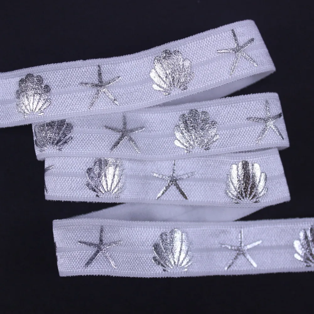 5/8" silver foil shell print fold over elastic 029 white foe elastic for hair tie, 100yards/roll
5/8" silver foil shell print fold over elastic 029 white foe elastic for hair tie, 100yards/roll