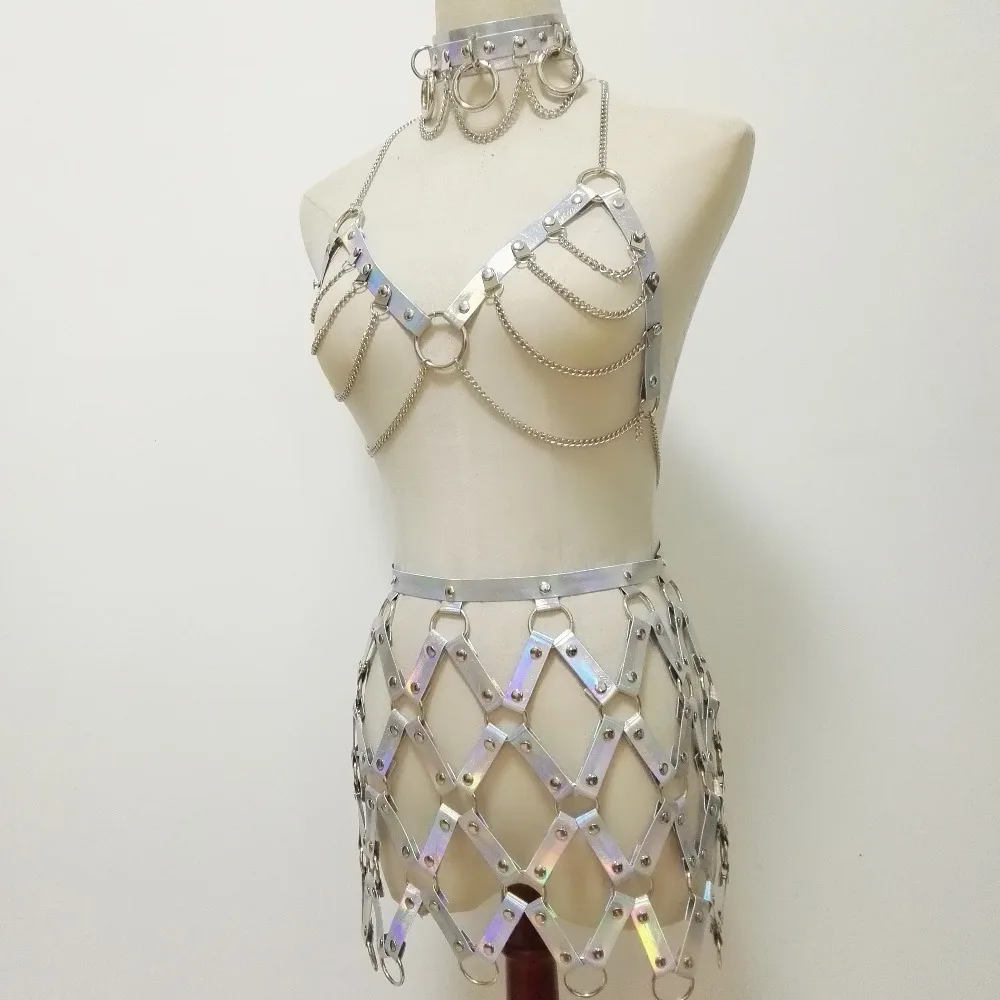Women Punk Harness Holographic Laser Leather Handmade Body Bondage Sexy fishnet skirt Chest belt fashion choker silver Chain Bra
Women Punk Harness Holographic Laser Leather Handmade Body Bondage Sexy fishnet skirt Chest belt fashion choker silver Chain Bra