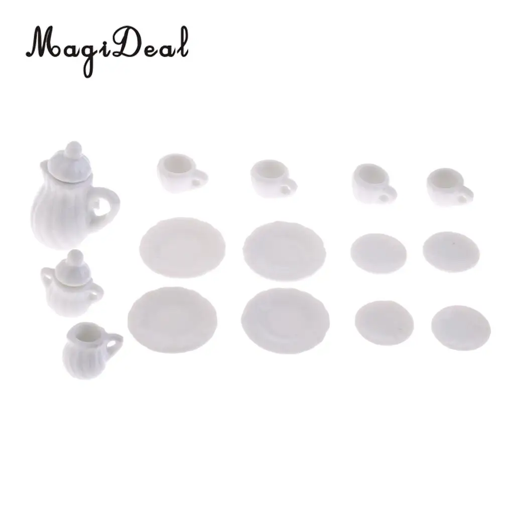15Pcs/Set Vintage Miniature White Porcelain Tea Set Pot Cup Plate Tableware Dollhouse House Model Room Items Furniture Decor Acc