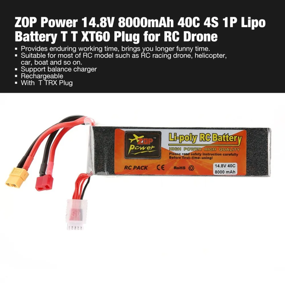 ZOP Power 14.8V 8000mAh 40C 4S 1P Lipo Battery T XT60 Plug Rechargeable for RC Racing Drone Quadcopter Helicopter Car Boat
ZOP Power 14.8V 8000mAh 40C 4S 1P Lipo Battery T XT60 Plug Rechargeable for RC Racing Drone Quadcopter Helicopter Car Boat