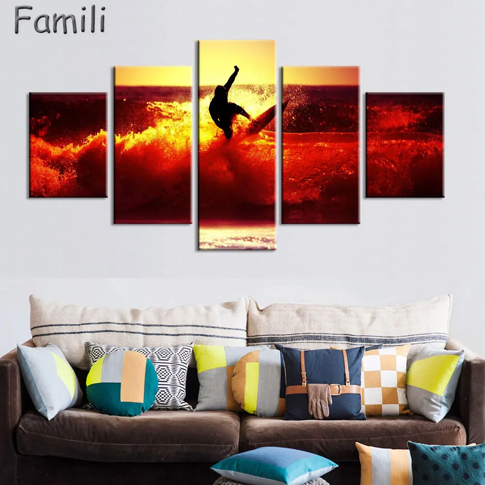 

5 Panels Unframed Canvas Photo Prints Sea Surfing Wall Art Picture Canvas Paintings Wall Decorations Artwork Giclee Paintings