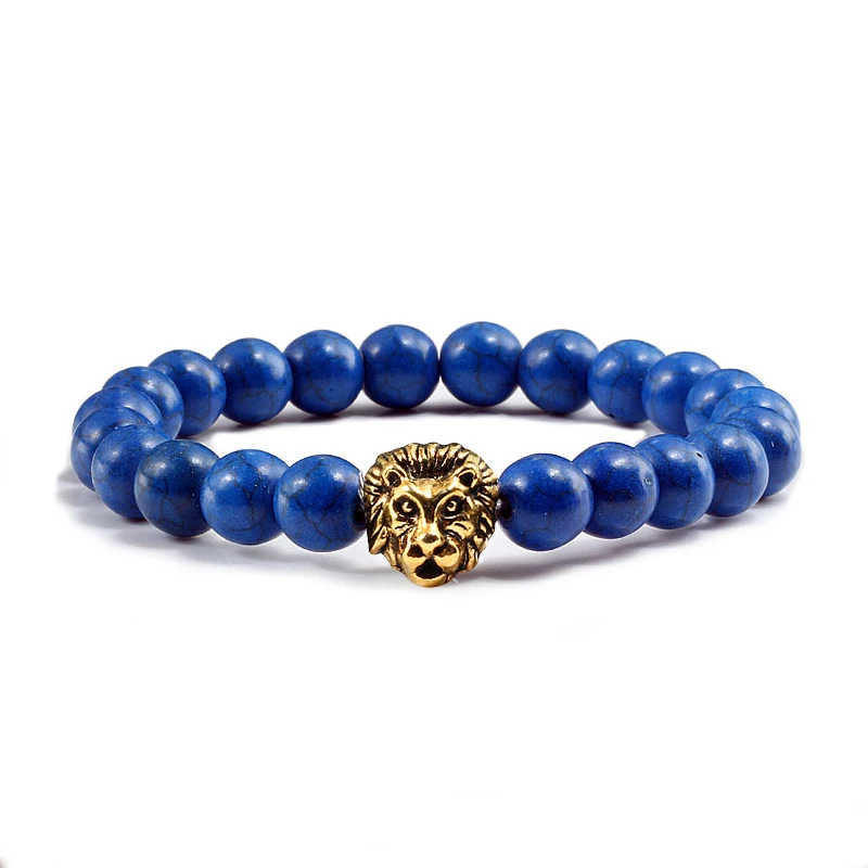 Fashion Lion Head Bracelet Buddha Beads Bracelets Bangles Charm Dark Blue Colour Natural Stone Yoga Bangle Jewelry For Women Men | Украшения