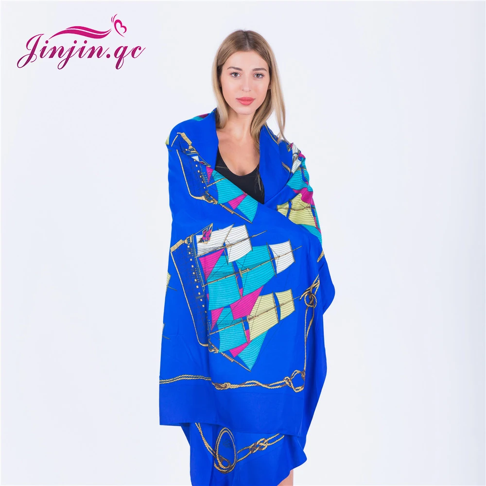 

Jinjin.QC 2019 New Soie Silk Scarf Women Scarves and Wraps Pashmina Shawls Sailboat Printed Bandana Echarpe Foulard Femme Hijab