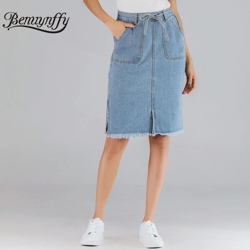 Benuynffy Solid High Waist Tie Denim Skirt Women 2019 Fashion Spring Summer Ladies Pocket Casual Split Knee Length Skirts
Benuynffy Solid High Waist Tie Denim Skirt Women 2019 Fashion Spring Summer Ladies Pocket Casual Split Knee Length Skirts