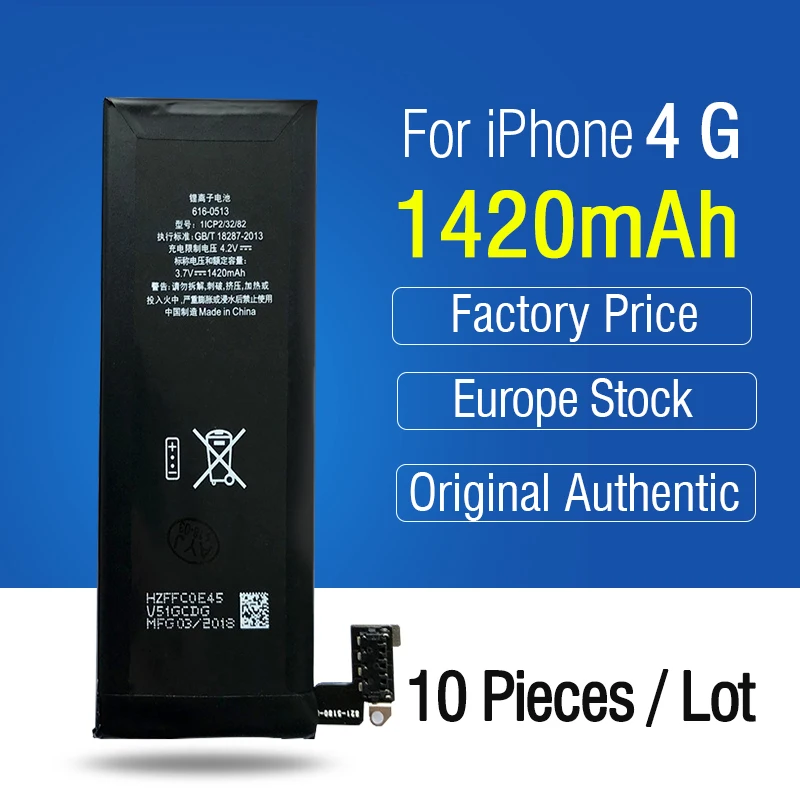 AYJ 10pcs/lot High Quality Battery for iPhone 4 4G Replacement Capacity Full 1420 mAh 100% New Cell 0 Zero Cycle 800 Cycles Life
AYJ 10pcs/lot High Quality Battery for iPhone 4 4G Replacement Capacity Full 1420 mAh 100% New Cell 0 Zero Cycle 800 Cycles Life