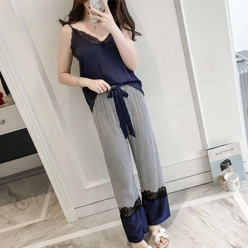 Two Piece Set Women Satin Sleepwear Silk Pajamas Nightwear Sexy Spaghetti Strap Lace Homewear Pijama Stripe Parttern Pyjama
Two Piece Set Women Satin Sleepwear Silk Pajamas Nightwear Sexy Spaghetti Strap Lace Homewear Pijama Stripe Parttern Pyjama