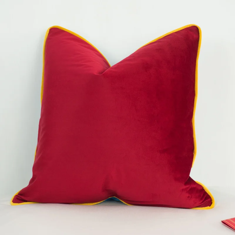 

3 Colors Velvet Cushion Cover Lake Blue Red With Bright Yellow Piping Pillow Case Soft No Balling-up Without Stuffing