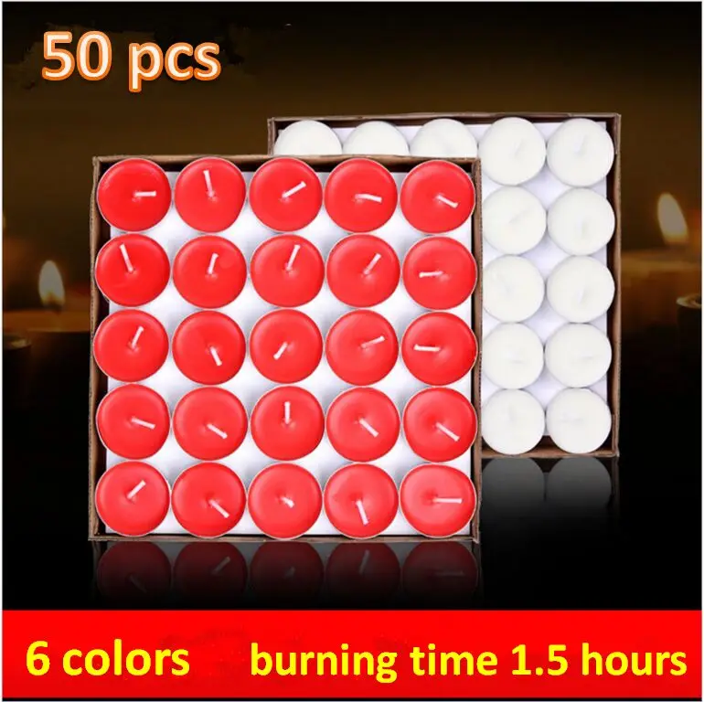 50pcs candle wax tea lights romantic candle smokeless 6 colors burning time 1.5 hours
50pcs candle wax tea lights romantic candle smokeless 6 colors burning time 1.5 hours