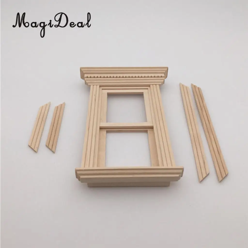 4 Set 1/12 Unpainted Wood Movable 2-Pane Sash Window & Frame & Glass Sheet Dolls House Room Fairy Garden Decor