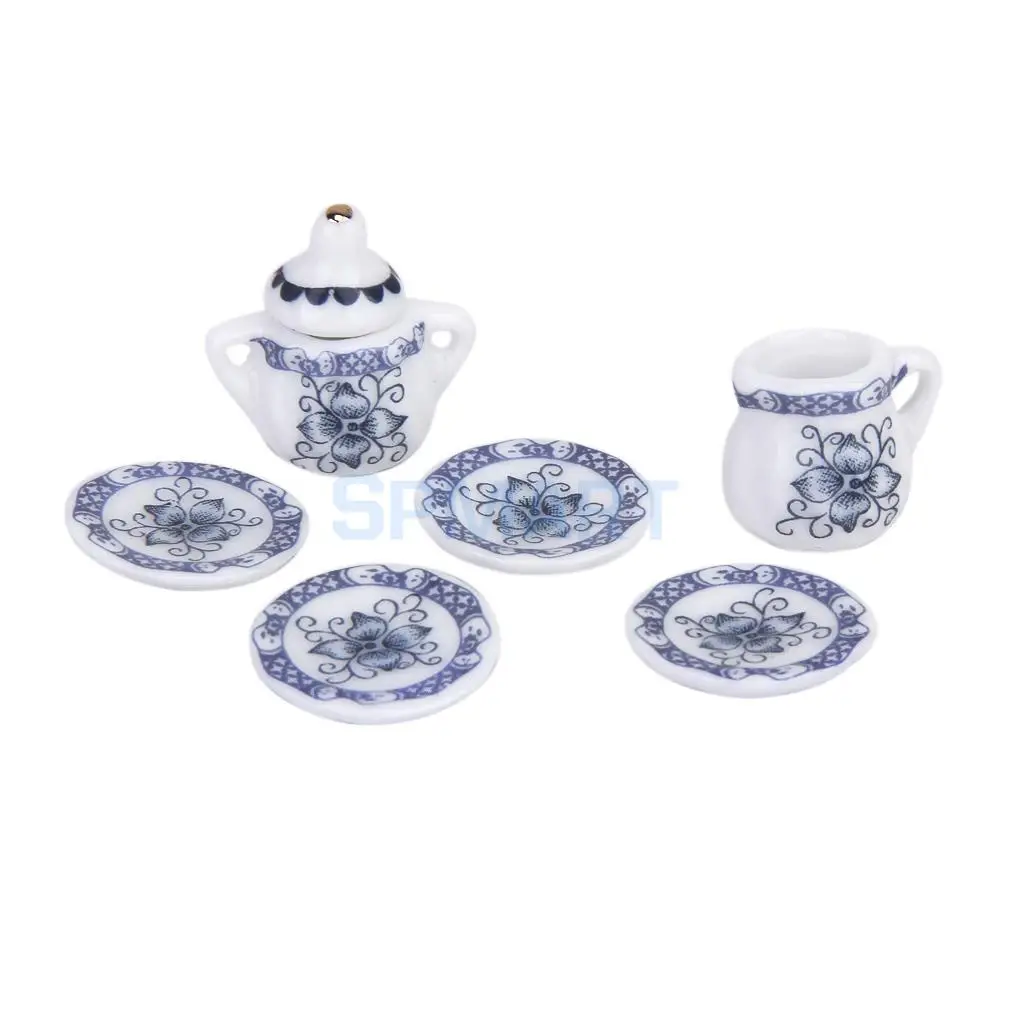 MagiDeal 15Pcs Dollhouse Miniature Dining Ware Blue Porcelain Tea Coffee Set Dish Cup Plate Furniture Decor Pretend Play Toys