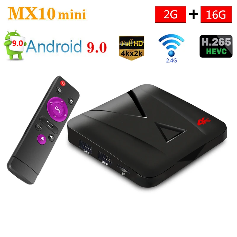 

MX10 Mini Android 9.0 TV Box 2GB RAM 16GB ROM RK3328 Quad Core 2.4GHz WIFI Media Player USB 3.0 H.265 4K HD Smart Set Top Box