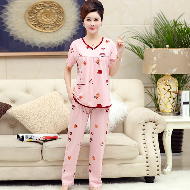 cotton pink color V collar pullover tops and long pants women print pajama sets plus size 4XL sleepwear oversized pijamas mujer | Женская
