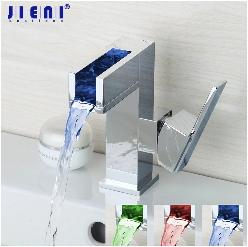 

JIENI Bathroom Faucet 3 Colors LED Waterfall Faucets Bathroom Basin Led Mixer Water Power Basin LED Mixers & Taps Deck Mounted
