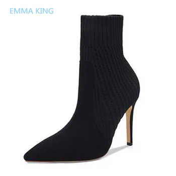 

Runway Pointed Toe Sexy Knit Elastic Ankle Boots Women Stiletto Heel High Heels Shoes Woman Slim Stretch Socks Boot Botas Largas