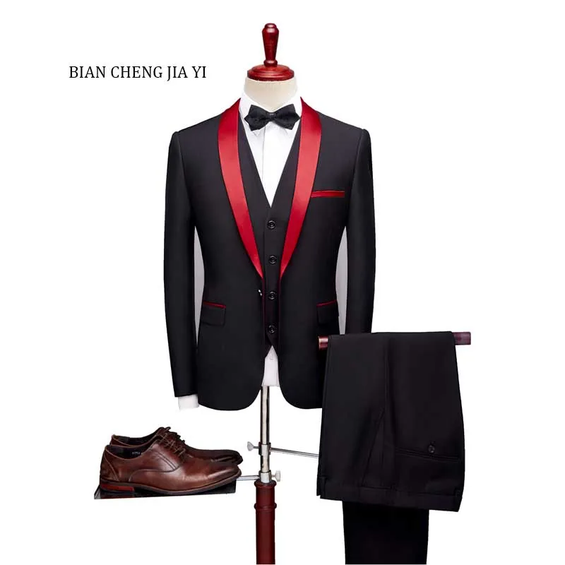 2019 Fashion Black Men Wedding Suits Custom made Red Shawl Lapel 3 Pieces High quality Suits Groom Prom Homme Mariage Costumme
2019 Fashion Black Men Wedding Suits Custom made Red Shawl Lapel 3 Pieces High quality Suits Groom Prom Homme Mariage Costumme
