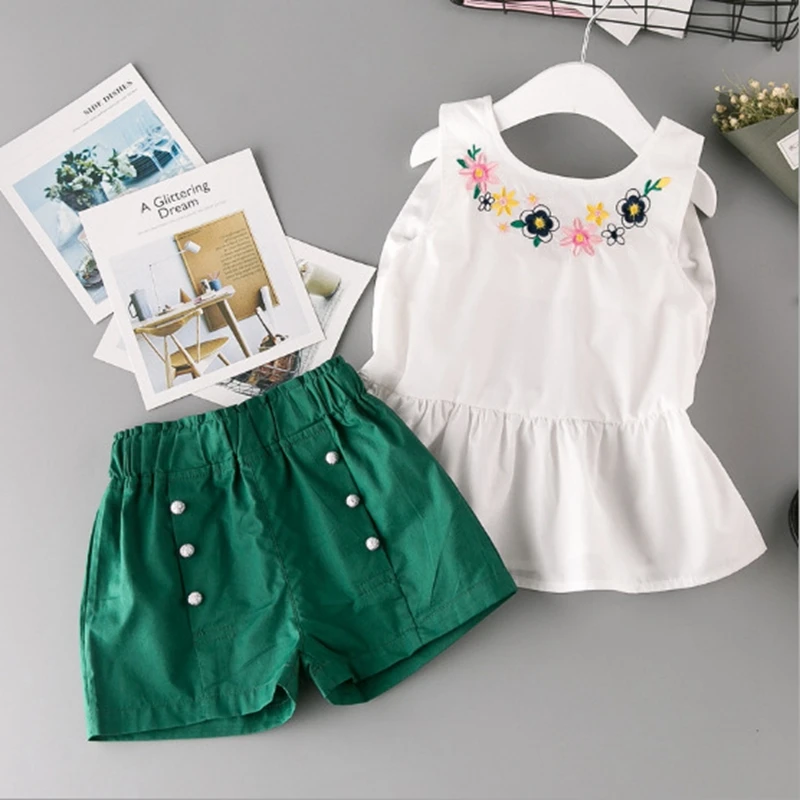 Girls Suits Cute Children's Clothing Sets For Girl Tops Embroidery Vest Floral T-shirt+Shorts Casual Clothes Summer Kids Suits 
Girls Suits Cute Children's Clothing Sets For Girl Tops Embroidery Vest Floral T-shirt+Shorts Casual Clothes Summer Kids Suits