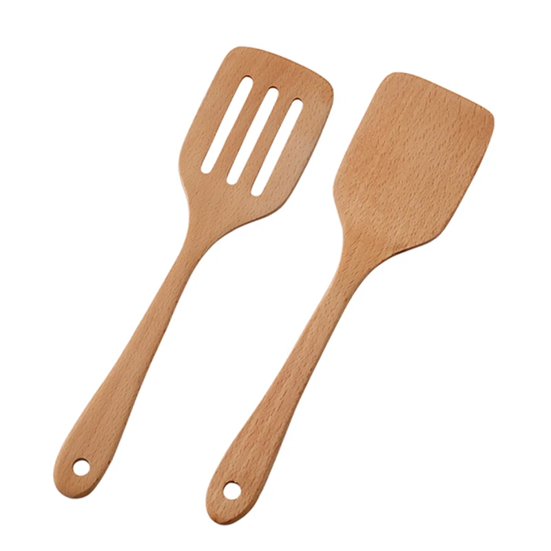 2Pcs Kitchen Utensils Turners Non-stick Wooden Turner Spatula Cooking Set Long Handled Slotted Turner Mixing Food Pancake Shovel (2)