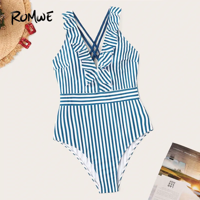 Romwe Sport Striped Criss-Cross Ruffle 1 Piece Swimsuit Women Summer 2019 V Neck One Piece Bathing Suit Sexy Swimwear Monokini
Romwe Sport Striped Criss-Cross Ruffle 1 Piece Swimsuit Women Summer 2019 V Neck One Piece Bathing Suit Sexy Swimwear Monokini