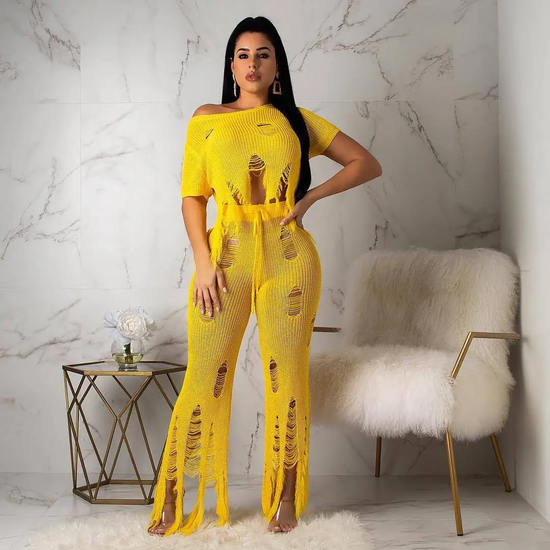 The Holes Are Empty. Top Sweater Slash Neck Irregular Sweater. Full Length Pants Mesh Two-piece Women's Suit
The Holes Are Empty. Top Sweater Slash Neck Irregular Sweater. Full Length Pants Mesh Two-piece Women's Suit