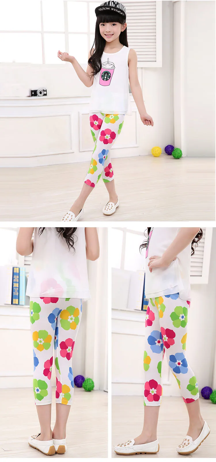 3-10years Girls Cropped Trousers Floral Print Flower Kids Calf Length Skinny Pants Stretch Leggings Children All-matches Bottoms
