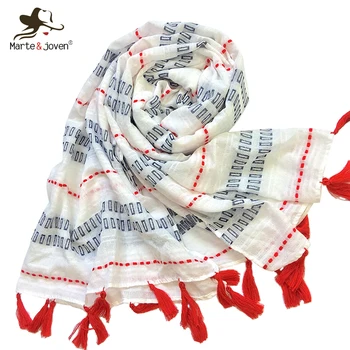 

Marte&Joven Fashion Red Blue Striped Embroidery Tassels Winter White Scarf Stoles for Women Cotton Blended Long Shawls Pashmina