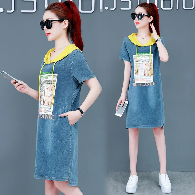 New Summer Style Women Dresses Plus Size Fashion Casual Loose Print Hooded Knitted Jeans Dress For Women Larger Denim One-Piece
New Summer Style Women Dresses Plus Size Fashion Casual Loose Print Hooded Knitted Jeans Dress For Women Larger Denim One-Piece