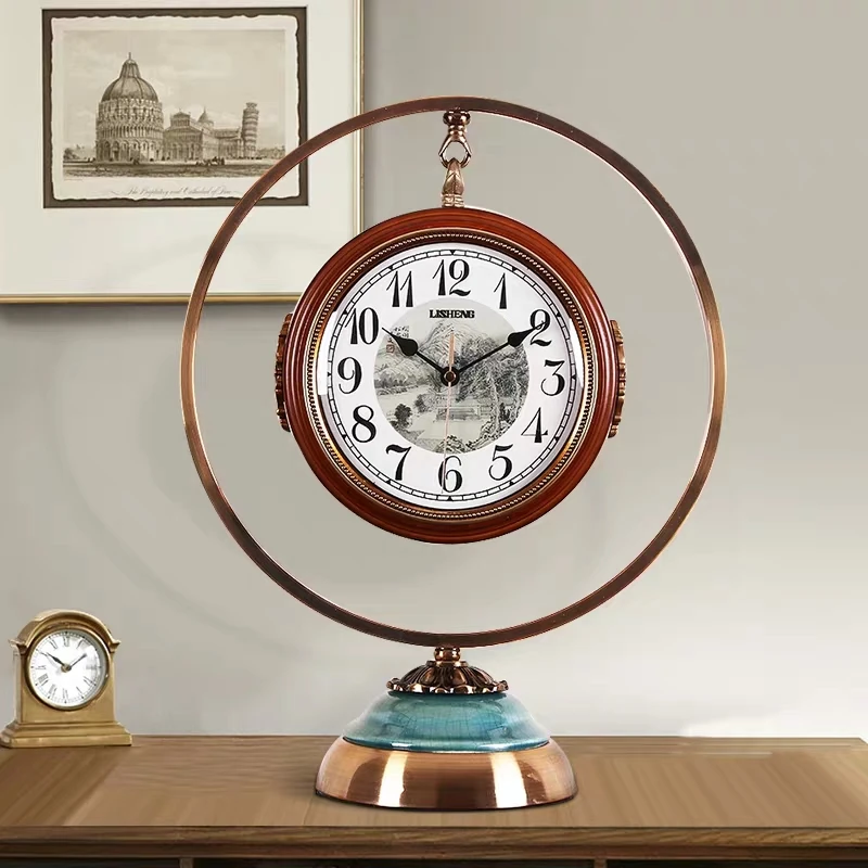 Chinese Solid Wood Metal Seat Clock Living Room Decorative Arrangement Table Clock Large Creative Silent Double-sided Table Cloc
Chinese Solid Wood Metal Seat Clock Living Room Decorative Arrangement Table Clock Large Creative Silent Double-sided Table Cloc