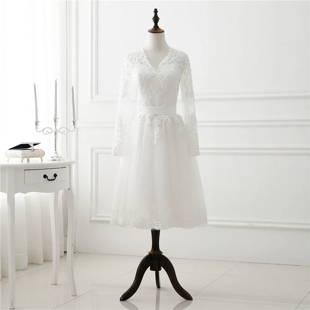 2019 Simple White Long Sleeve Lace Wedding Dress Short Mid Calf Bridal Gown for Women V Neckline Bridal Party Dresses
2019 Simple White Long Sleeve Lace Wedding Dress Short Mid Calf Bridal Gown for Women V Neckline Bridal Party Dresses