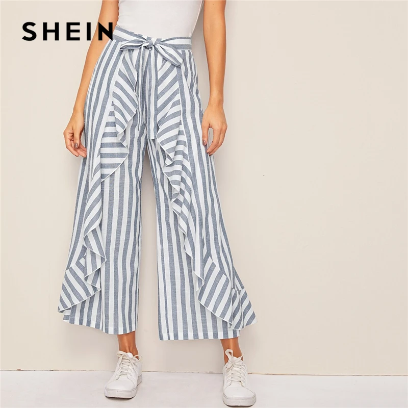 

SHEIN Two Tone Ruffle Trim Belted Palazzo Pants Boho High Waist Wide Leg Pants Spring Summer Loose Striped Women Trousers