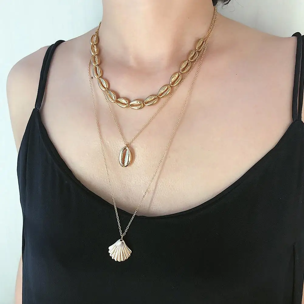 Women Retro Style Simple scallop mix and match creative item female personality alloy multi-layer shell pendant necklace | Украшения и