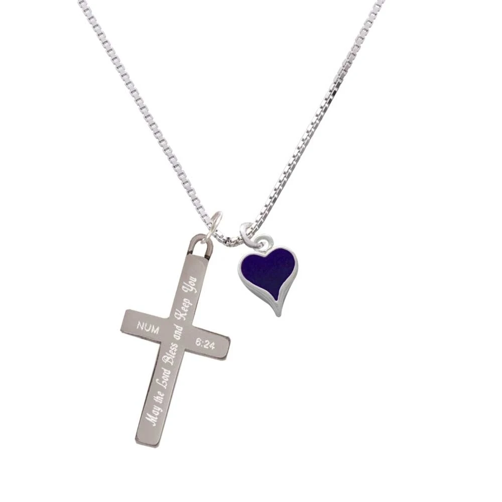 Small Long Purple Heart - Bless and Keep You - Cross Necklace