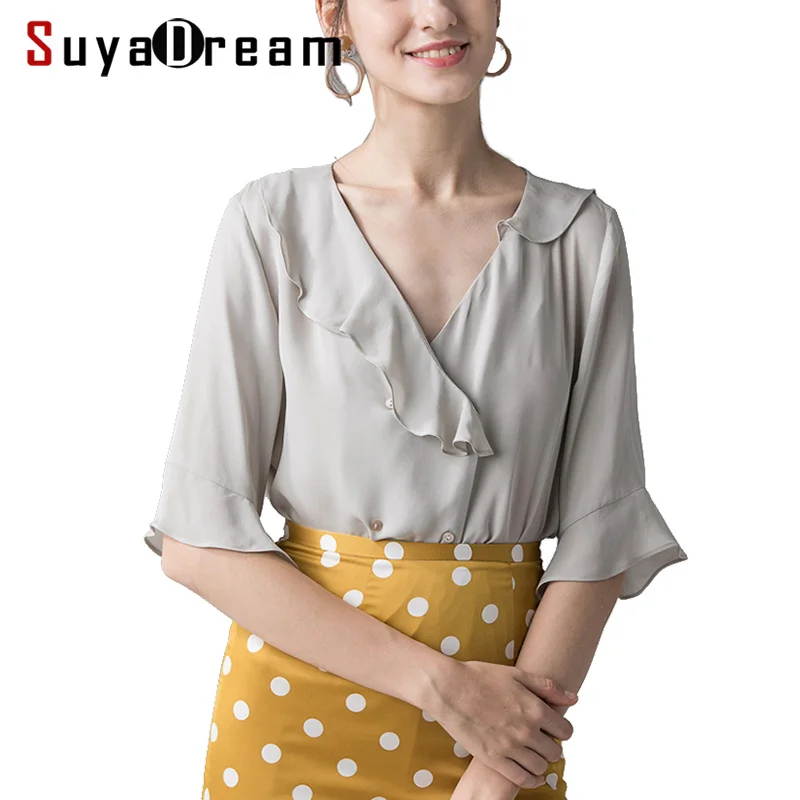 Women Blouse 100% REAL SILK Crepe V neck Office Lady Blouse Shirt Butterfly Half Sleeved 2019 Spring Summer OL Blouse Shirt
Women Blouse 100% REAL SILK Crepe V neck Office Lady Blouse Shirt Butterfly Half Sleeved 2019 Spring Summer OL Blouse Shirt