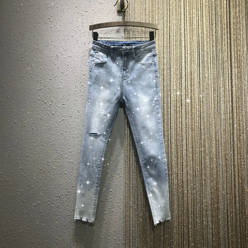 stylish women jeans shine diamond sequined slim pencil solid blue female jeans hole denim ankle length pants top quality
stylish women jeans shine diamond sequined slim pencil solid blue female jeans hole denim ankle length pants top quality