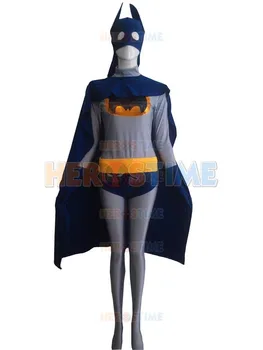 

Navy Blue and Grey Batman Superhero Costume Zentai Lycra Spandex Adults Cosplay Halloween Costume with Cape