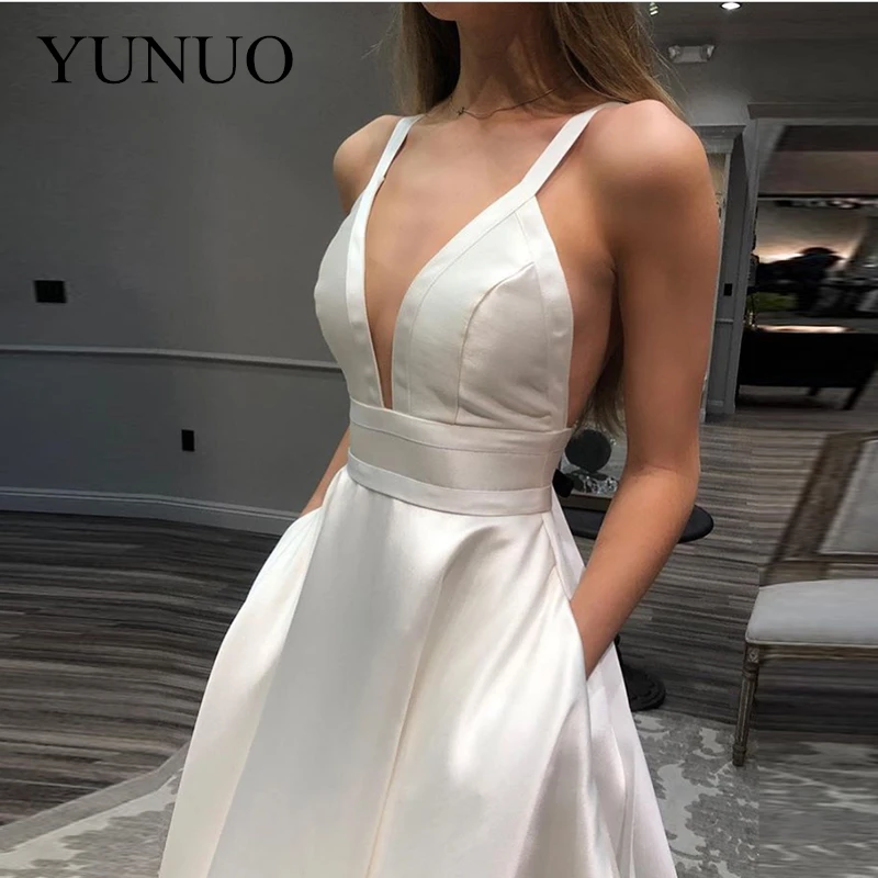 YuNuo Sexy Глубокий v-образным вырезом Свадебные платья бретельках спинки элегантные