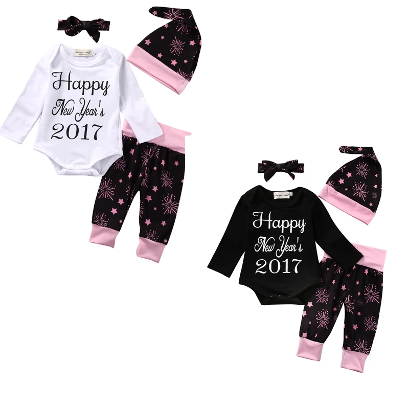 2017 Happy New Year Newborn Baby Clothes Long Sleeve Bodysuit Pant Headband Hat 4PCS Outfit Kids Clothing Set Children Suit
2017 Happy New Year Newborn Baby Clothes Long Sleeve Bodysuit Pant Headband Hat 4PCS Outfit Kids Clothing Set Children Suit