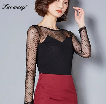 2018 long-sleeved Korean style women blouse top wild primer shirt sexy wave point net sexy autumn new black slash neck 
2018 long-sleeved Korean style women blouse top wild primer shirt sexy wave point net sexy autumn new black slash neck