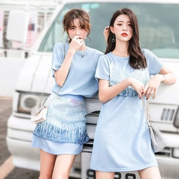 New 2 Piece Set Women Summer Blue Sequined Short Sleeve T-shirt And Sequins Skirt Set Girls Two-piece Sets Clothing Sets SL451
New 2 Piece Set Women Summer Blue Sequined Short Sleeve T-shirt And Sequins Skirt Set Girls Two-piece Sets Clothing Sets SL451