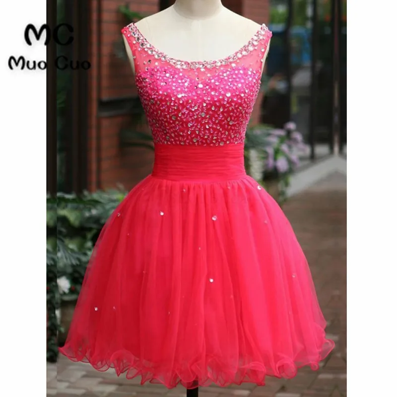 Hot-selling A-line Scoop Sleeveless Short Tulle Beading Red Homecoming Dress Party Dress