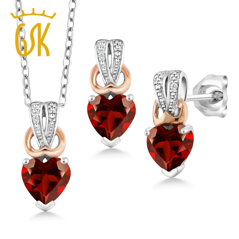 GemStoneKing 1.67 Ct Red Garnet White Diamond 925 Sterling Silver Pendant Earrings Set For Women Fine Jewelry | Украшения и