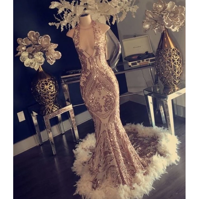 Gold Sequine Mermaid Prom Dresses Feather V Neck Halter Neck Sleeveless Sweep Strain Formal Evening Party Gowns
Gold Sequine Mermaid Prom Dresses Feather V Neck Halter Neck Sleeveless Sweep Strain Formal Evening Party Gowns