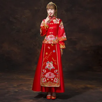 Ancient Women Traditional Cheongsam Suit Classic Red Embroidery Formal Wedding Dress Set Toast Clothing Full Length Noble Qipao
Ancient Women Traditional Cheongsam Suit Classic Red Embroidery Formal Wedding Dress Set Toast Clothing Full Length Noble Qipao
