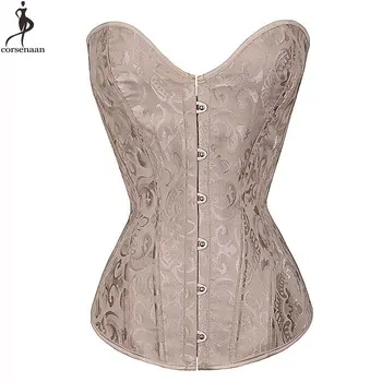 

Overbust Corset Jacquard Floral Corsets Fish Boned Korset Solid Beige Blue Green Bustier Front Busk Gothic Waist Slimming Gorset