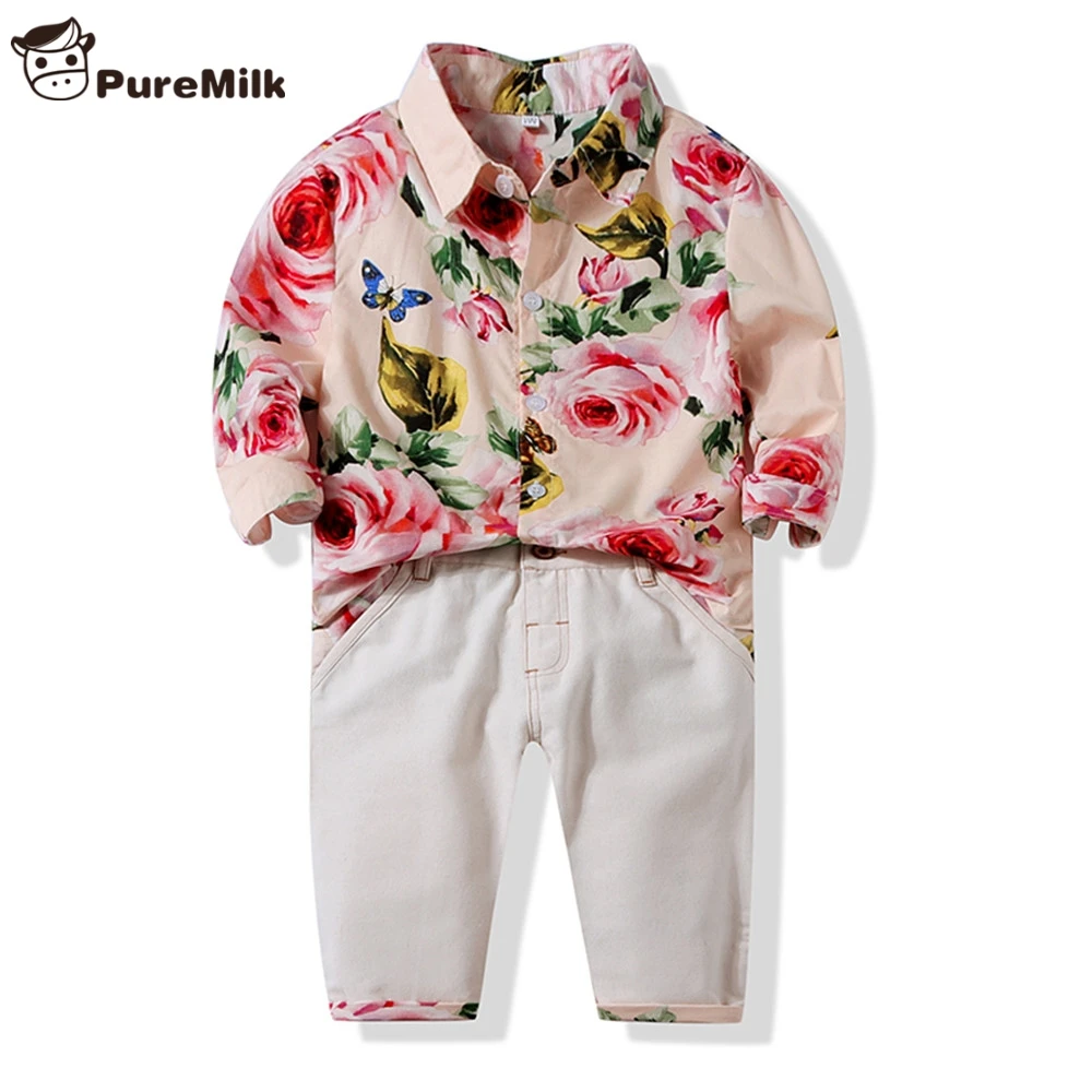 PureMilk/рубашка с цветочным принтом и штаны Розовая Одежда для маленьких мальчиков