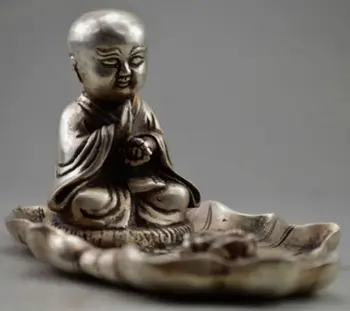 

Collectible Decorated Old Handwork Tibet Silver Carved Buddha On Lotus Inkstone