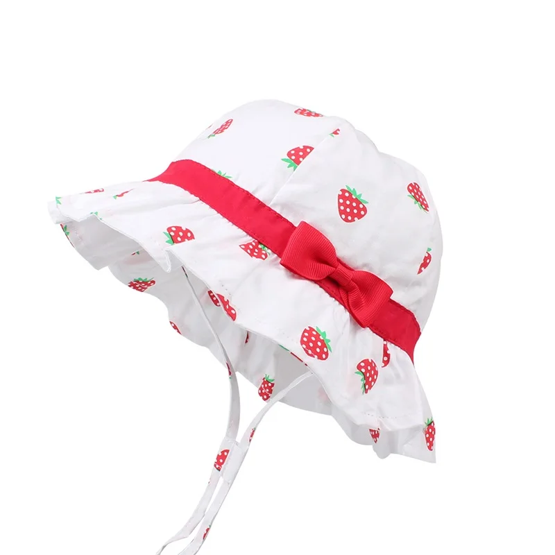 Bow Girls Panama Hat Stawberry Print Cute Hat For Girls Cotton Sweet Summer Sun Cap Wide Brim Bucket Cap Baby Girls Clothing (6)
