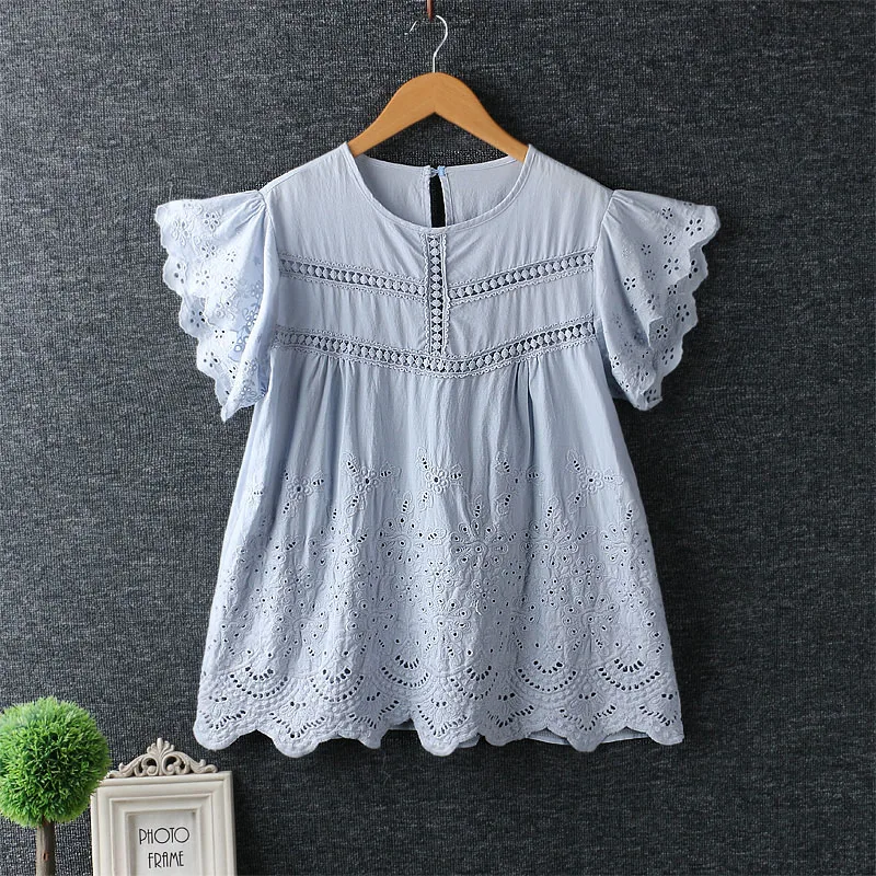 Chic Embroidered Babydoll Tops Blouses Women Blue White Summer Holiday Sweet Shirt Cotton High Quality Casual Hollow Out Keyhole
Chic Embroidered Babydoll Tops Blouses Women Blue White Summer Holiday Sweet Shirt Cotton High Quality Casual Hollow Out Keyhole