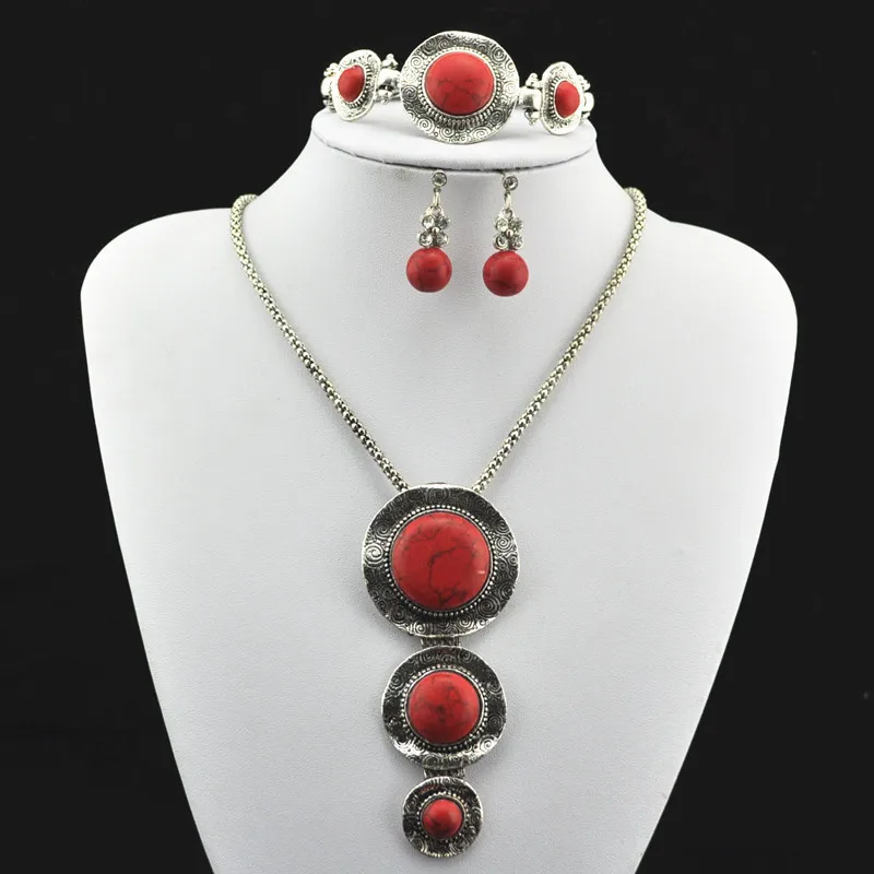 

S165 Natural Red Stone Necklace Pendant & Earring & Bracelet Jewlery Set ,Women Gift,Vintage Look,Tibet Alloy